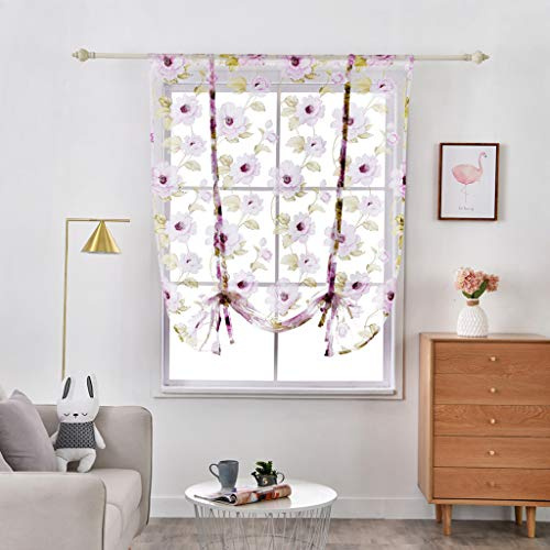 SimpVALE 1 Stück Tüll Raffrollo mit Stange Tasche Blumen Druck Durchscheinend Raffgardine Raffgardine Raffgardine für Küche Balkon Arbeitszimmer Zimmer, 002# Purple, Width 80cm / Height 120cm