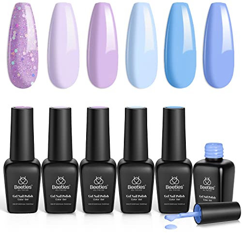 Beetles Gel Nagellack Set, 6 Farben Glitzer Himmelblau Lila Gel Polish Set Lavendel Veilchen Soak-off UV-LED Maniküre DIY-Nagel Zuhause