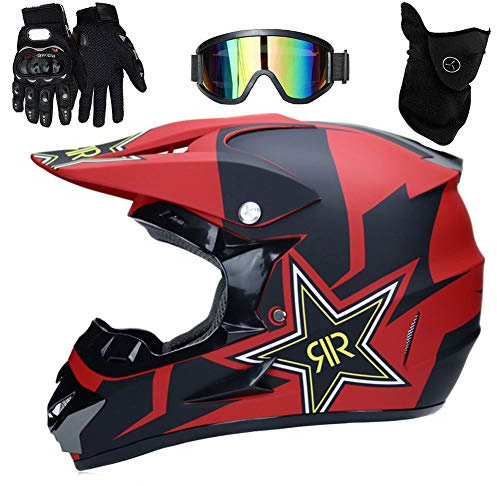 UIGJIOG Casco de Motocross,Casco de Cross de Moto Jet con Gafas Máscara Guantes,Deportes de Motos Off-Road Racing Downhill Enduro Casco ATV MTB BMX Quad Cascos de Motocicleta,Rojo,M(54~55cm)