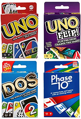 Mattel Familienkartenspiel-Sortimentspaket – 4 Kartenspiel-Bundle – Uno, Dos, Uno Flip und Phase 10 – Ultimatives Familienspiel-Nacht-Kartenpaket