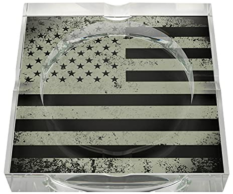 Humidor Supreme Military Line Series Crystal Cigar Ashtray, Honoring Our Brave Soldiers, Black Finish with Military Flag Artwork