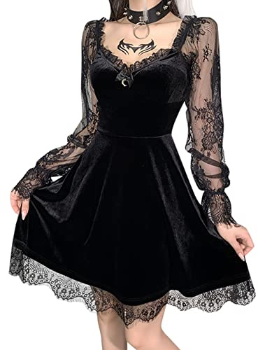 SEAUR Vestido gótico para mujer, minivestido retro, vintage, falda steampunk, vestido de carnaval, fiesta, club, cosplay, disfraz de carnaval, S, M, L, XL, A-negro vestido de manga de encaje, L