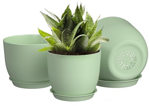 FIASON 20/23/25 cm Plant Pots, Plastic Plant Pots with Drainage Holes and Saucers, Flower Pots Suitable for Indoor and Outdoor Use(Green, Set of 3)