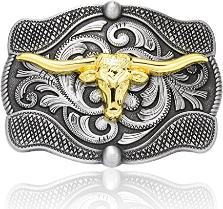 BBOTEN Longhorn Bull Gürtelschnalle für Männer, Western Cowboy Gürtelschnallen, Bullkreuz Adler Pferd Gürtelschnalle für Frauen, silber, Small
