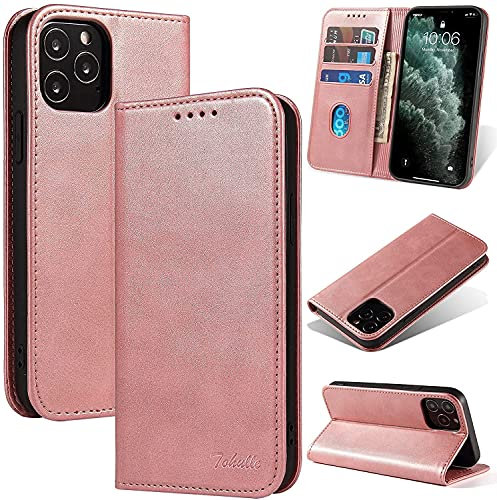 TOHULLE Case for iPhone 12 Pro Max, Premium PU Leather Wallet Case with Card Holder Kickstand Built-in Magnetic Closure Flip Folio Phone Cover for iPhone 12 Pro Max - Rose Gold