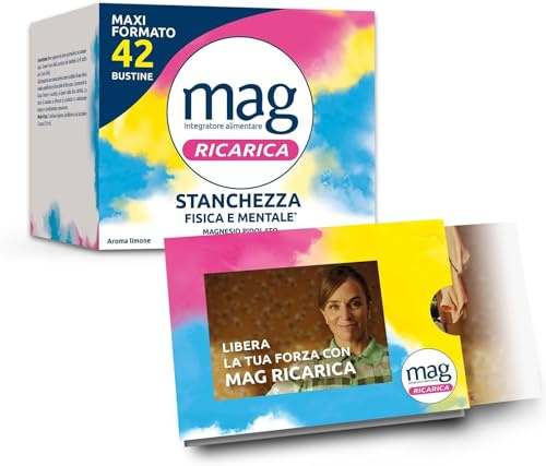 Mag Ricarica, Integratore Alimentare a Base di Magnesio Pidolato, Magnesio Ossido e Vitamina B6 Contro la Stanchezza Mentale e Fisica, Senza Glutine e Senza Lattosio, 42 Bustine Aroma Limone