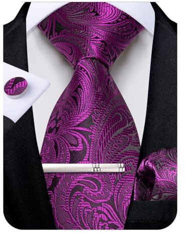 DiBanGu Herren Seidenkrawatte Paisley Floral Krawatte Set mit Einstecktuch Manschettenknöpfe Krawattenklammer für Hochzeit Business, Lila Paisley, Einheitsgröße