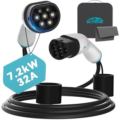 EVPEIWE Tipo 2 Cavo di Ricarica Auto Elettrica | 7.2KW | 32A | Monofase | 5M EV Cavo Ricarica Tipo 2 a Tipo 2 Compatible con Model 3/X/Y/S, Zoe, 500e, e-208, ID.4, IP55 con Borsa per Trasporto