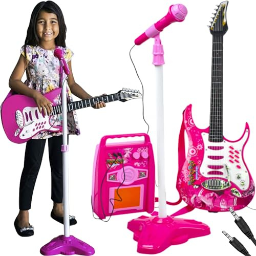 Set Karaoke per bambine e ragazze set chitarra elettrica - amplificatore - asta regolabile - microfono -cavo AUX i tuoi device preferiti come tablet smartphone e lettori MP3