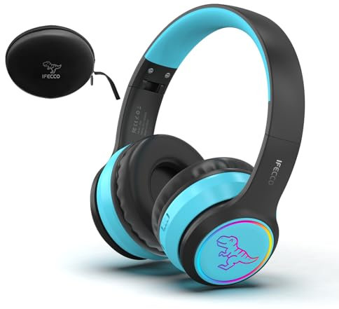 IFECCO Auriculares Bluetooth Niños con Micrófono,Cascos Inalambricos Niña con Estuche,Luz LED Dinosaurio Auriculares para Viajes Escuela Regalos