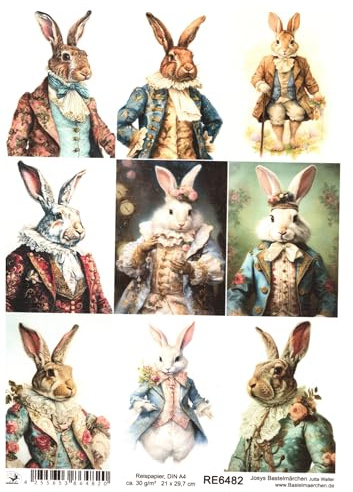 Josys Bastelmärchen Reispapier A4 Strohseide Decoupage Ostern Hase in Vintage Anzug RE6482