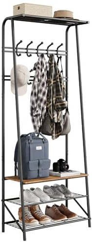 HAUSPROFI Garderobenständer Kleiderständer mit Schuhbank, Garderobe Kleiderständer Stabil mit 3 Ablagen und 10 Haken, 4-in-1 Design Garderobenständer Metall für Flur, Eingang, Wohnzimmer,64x29x180 cm