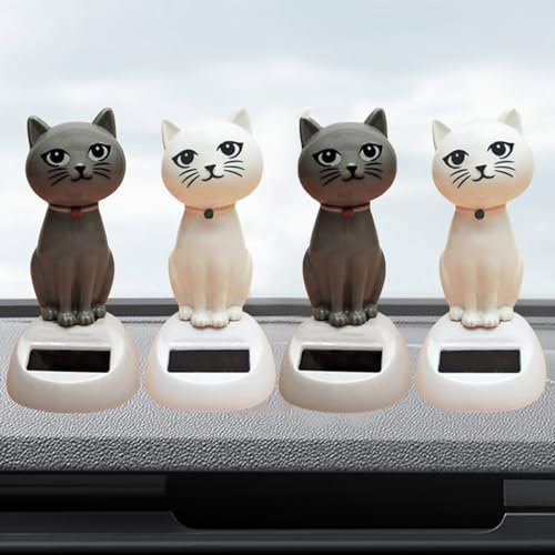 Auto Solar Wackelfigur Katze, Solar Wackelfiguren Tanzende Kleine Katze, Katze Solarfigur Statue Auto Armaturenbrett Deko Ornamente, Solarfigur Wackelfigur für Auto Haus Oder Büro (2 Weiß 2 Grau)
