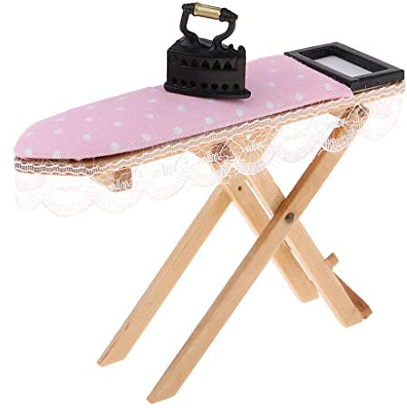 Ensemble miniature de meubles de buanderie pour maison de poupée, table à repasser en dentelle rose et fer, échelle 1/12, modèle de table en bois pour décoration de maison de poupée