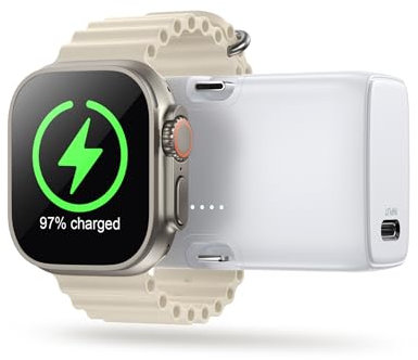 ZIMAOER Mini Powerbank per iPhone e Apple Watch, Caricatore Portatile, Batterie Esterne per Cellulare con Porte Lightning e Type-C per iPhone 16/15/14, Apple Watch Series 7/8/9/10/Ultra (Bianco)