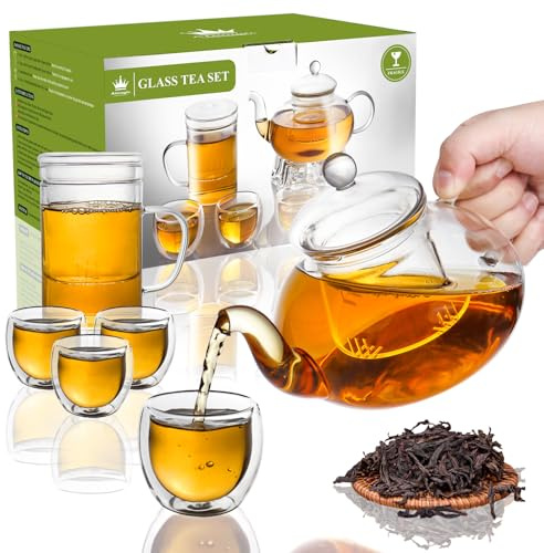 2-IN-1 Glass Tea Sets for Adults - Includes Glass Teapot and Mug with Infuser, Warmer Base, 4 Double Wall Glass Tea Cup - for Both Personal and Gathering Tea Time, Gifts for Tea Lovers
