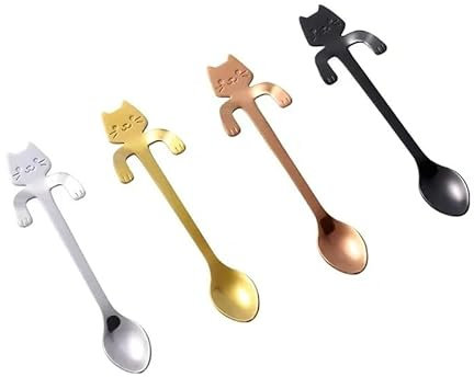 AUNANGLJSCS Teelöffel Dessertlöffel 4-teiliges Set mit Mini-Katzen-/Kätzchen-Design aus Edelstahl for Kaffee/Tee/Dessert/Getränke/Mix-/Milchshake-Löffel, Besteck-Gadgets, 4-teilig