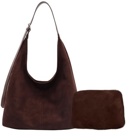 Generisch Wildleder Tasche Damen-shopper Suede Hobo Slouchy Vintage Leather Tote Bag Handtasche uni Satchel for Work Travel (Kaffeefarbe)