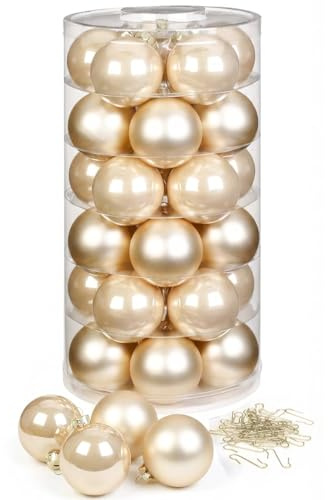 Inge Glas Weihnachtskugeln mit Haken | Schöne Christbaumkugeln aus Glas | Set 30 Kugeln und 40 Aufhänger | Christbaumschmuck Weihnachtsbaumkugeln (Champagne | beige)