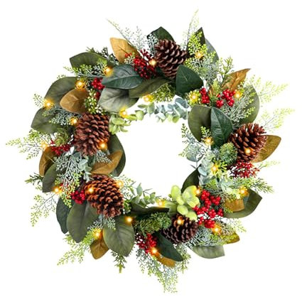 Beleuchteter Weihnachtskranz, beleuchteter Weihnachtskranz für den Außenbereich | Tannenzapfen Girlande, Weihnachtskranz mit Tannenzapfen und roten Beeren, beleuchteter Weihnachtskranz für den Hi