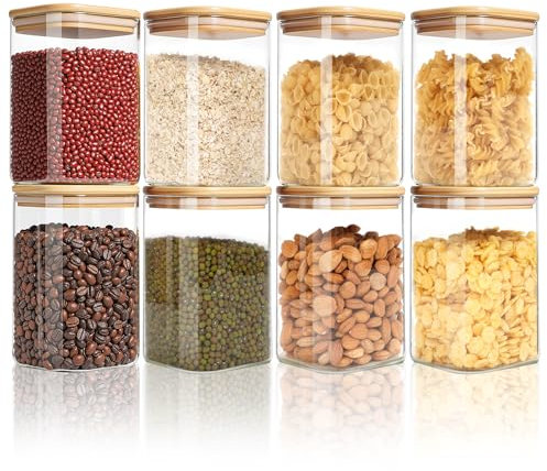 FoiiLiio 500ml Barattoli Vetro con Coperchio Set di 8 Barattolo Vetro con Coperchio in Bambù, Ermetici, per Spezie, Noci, Cereali - Φ8.0x10cm