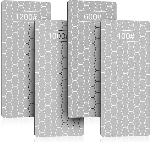 Piedras de Afilar de Diamante, Grano 400/600/1000/1200 Piedra Afilar Cuchillo, Superficie Panal, Placa de Afilado con Base Antideslizante, Herramientas Cocina Exteriores, 4 Piezas