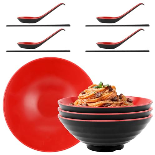 LOPYXBR Juego de 4 cuencos japoneses de ramen, 1000 ml, cuenco de melamina, 21 x 8 cm, con cuchara y palillos para ramen, fideos, ramen Buldak, ensalada (negro y rojo)