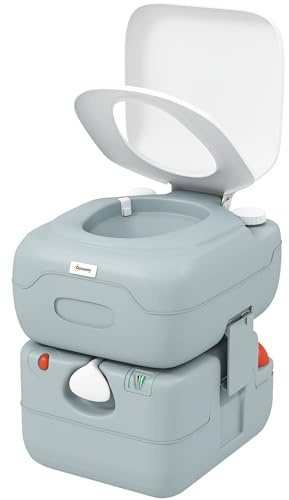 Outsunny Portable Toilet for Adults, 22L Camping Toilet with Seat, Lid and Anti-Leak Handle Pump, Outdoor Travel Toilet with Detachable Tanks for Camping, Boating, Hiking, Travel, RV, Grey