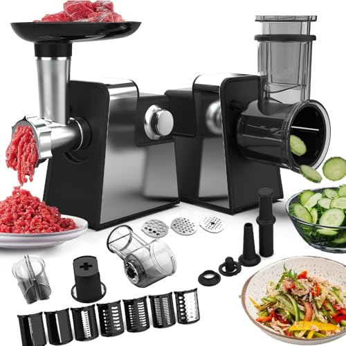 Electric Cheese Grater and Meat Grinder 2 in 1 - Multi-function Salad Shooter Fruit Slicer Sausage Stuffer Maker Kit for Home Kitchen with 5 Blades
