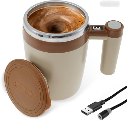 Självrörande kaffemugg med temperaturvisning, 400 ml automatisk mixmugg i rostfritt stål, halkfri bärbar magnetisk omrörning, kaffekopp, självrörande mugg för hemmakontoret (brun)
