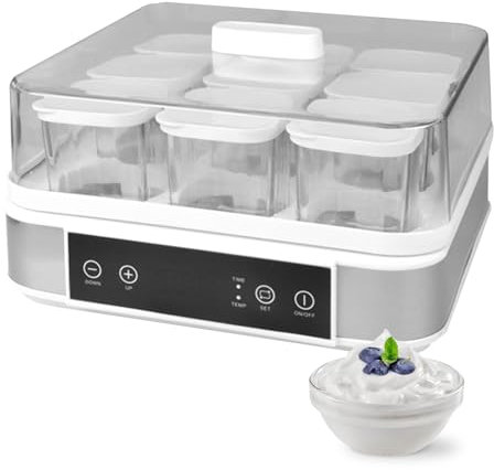 Yogurtera, Yogur Ecológico en Casa, con 9 Tarros de Cristal, con Control de Temperatura y Tiempo, Diseño Visible 360°, para Preparar Yogur