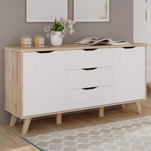 Forte VANKKA Kommode 150, Moderne Kommode mit 3 Schubladen und 2 Türen, Holzwerkstoff, Planked EicheDekor/Weiß, 149,4 cm breit, 76,7 cm hoch, 42 cm tief