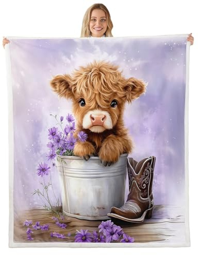 Erosebridal Cartoon Cow Plush Sherpa Blanket Twin 60x80 Highland Cows Fleece Throw Blanket for Kids Girls Daisy Floral Wood Boots Rustic Purple White Warm Plush Room Decor