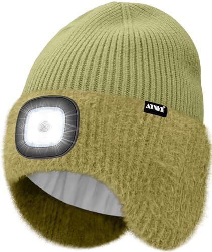 ATNKE LED Beleuchtete Ohrenklappen Mütze mit Licht,USB Wiederaufladbare 4 LED Freihändig Stirnlampe Laufmütze Winter Warm Fleece Gefüttert Strick Mütze Geschenke für Herren und Damen
