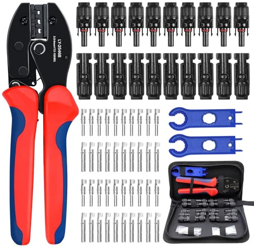 Höst solcrimptång set för 2,5/4/6 mm² PV-kabel, 20 par kabelkontakter, 10 par hane/honkontakter, 1 crimptång, 2 solkontakter skiftnycklar för solsystem solcellsanläggning