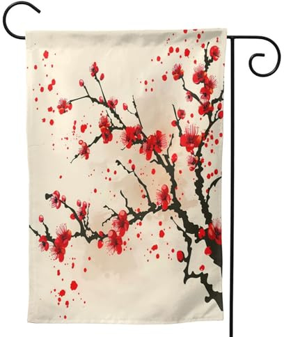 Mexpekil Drapeau de jardin japonais rouge à fleurs de cerisier 71,1 x 101,6 cm double face, drapeau de bienvenue décoratif pour terrasse, cour, pelouse