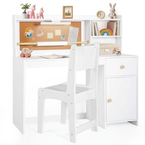 Frogprin Kids Desk and Chair Set, Kids Study Desk with Night Light Drawing Paper Roll, Hutch & Storage Cabinet, Child's Table-Student Writing Art Table Widened Desktop Computer Workstation for 5-12