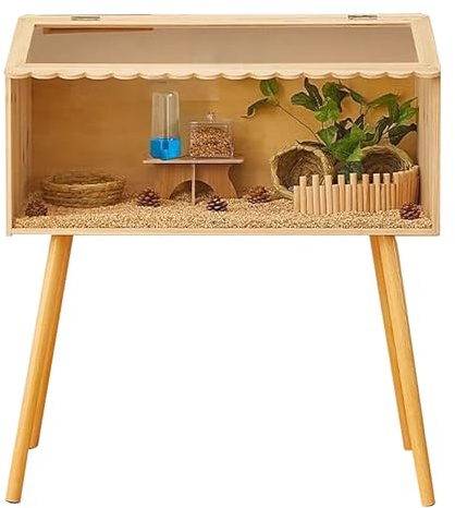 Hamsterkäfig aus Holz, Kaufester Hühnerkäfig aus Rutin mit Transparentem Acrylfenster, Hamsterhaus und Lebensraum für Rennmäuse, Chinchillas(Large)