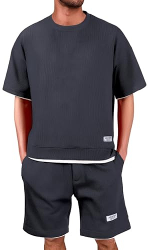 POIUIYQA Waffle Jogginganzug Herren Trainingsanzug - 2 Teiler Herren Sommer Outfit Zweiteiler Fitness Kleidung Kurz Freizeitanzug Hemd Und Shorts Set Sportanzug Sportanzug Sommeranzug Y2K Tracksuit