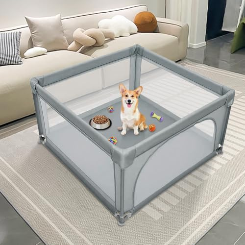 Welpenlaufstall mit Tür, Laufstall für Welpen oder kleine Hunde, robuster Zaun aus dickem Stoff und Netz aus Nylon, hohe Widerstandsfähigkeit, maschinenwaschbar, innen/außen, 120 x 120 x 66 cm