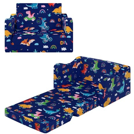 alldomess Pieghevole Divano Bambini 2-in-1, Poltroncina per Trasformabile in Lettino, Comoda Stabile Sedia Camere da Letto, Soggiorno e Stanza per i Giochi,Dinosauri da Cavalcare