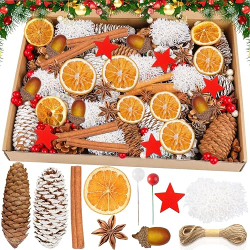 MZJAUVF 117Piezas Decoracion Navidad, Accesorios de Adornos Navideños, Decoración Navideña, Corona de Adviento, Canela, Bayas Rojas Navideñas, Naranja Seca Decoracion para DIY Navideña