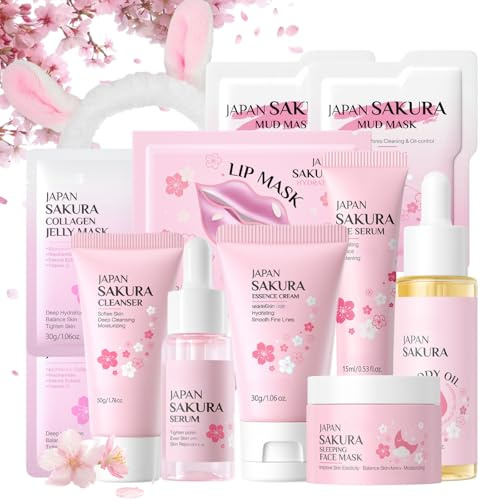Japan Sakura Skincare Set Teenager Mädchen Geschenke - Skin Care Set - Beauty Set Frauen - Hydrierend Gesichtspflege Set Damen mit Reiniger, Serum, Lippenmaske, Körperöl