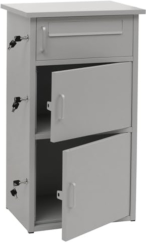 PROREGAL Paketkasten mit 3 Fächern HxBxT 89x49x38cm Stahl Grau Paketbox Paketfach Paketstation Briefkasten draußen groß XXL freistehend Schlüssel integrierte Rückholsperre