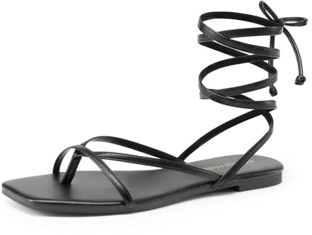 DREAM PAIRS Women's Strappy Flat Sandals - Comfortable Lace Up Gladiator Dressy Sandals, Square Toe Tie Up Walking Sandal, Summer Wrap Up Vocation Sandal Mermaid Shoes,Size 9,Black,SDFS26010W