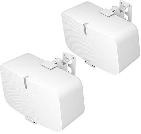 Väggfästen för Sonos Five & Sonos Play 5 Gen 2 – lutnings- och vridbar, stabil metallkonstruktion upp till 35 pund, med reptåliga kuddar, väggmonteringsmaterial ingår, 1 par vita