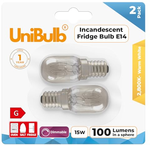 Unibulb 15W E14 Fridge Light Bulb 230V-240V Pygmy SES Incandescent Bulbs 2800K Warm White | Suitable for Salt Lamps, Ovens, Fridges or Freezers | Small Edison Screw Base (2)