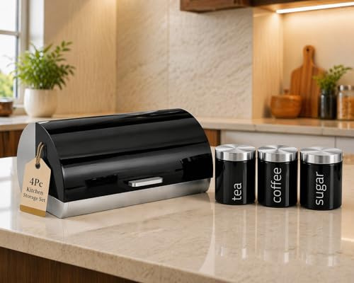 Eyesome 4Pc Kitchen Storage Set with Bread Bin – Modern Metal Bread Box with Tea, Coffee & Sugar Canisters – Airtight Food Storage Containers for Kitchen Countertop