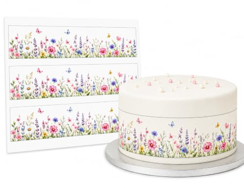 Essbares Tortenband Blumenband– Tortenaufleger Essbar aus Zuckerpapier, Kuchendekoration Geburtstag, Blumen und Gräser Schmetterlinge Sommer Tortenmotiv, 3 Bänder zum Zuschneiden