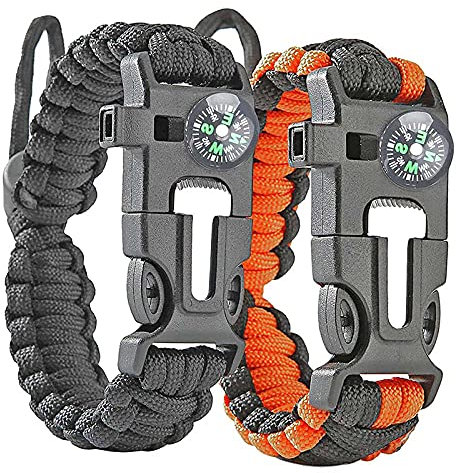 Konesky 2 avec Bracelet de Survie,Survival Bracelet, 5 en 1 Paracord Bracelets Kit d'urgence Boussole Whistle Fire Starter pour Hommes Femmes Enfants pour la Randonnée, Le Camping, Les Voyages